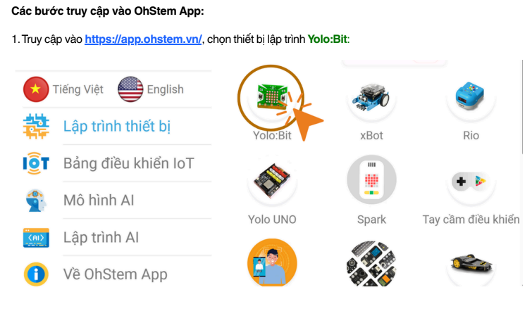 Truy cập OhStem App và chọn thiết bị Yolo:Bit