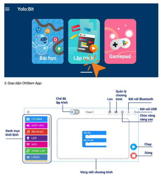 Chọn chế độ lập trình trong giao diện Yolo:Bit