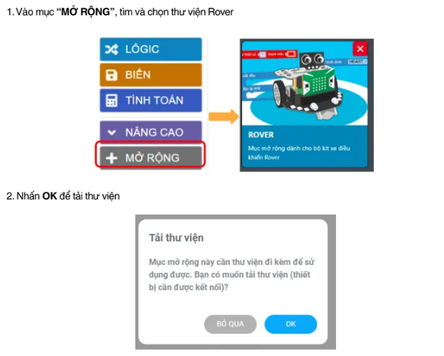 Vào mục Mở rộng và tải thư viện Rover cho Rover ORC Junior