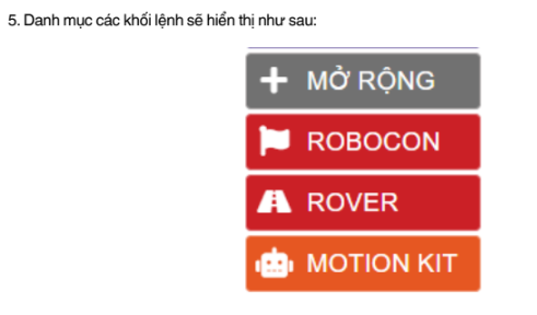 Các nhóm khối lệnh ROBOCON, ROVER và MOTION KIT sau khi cài xong